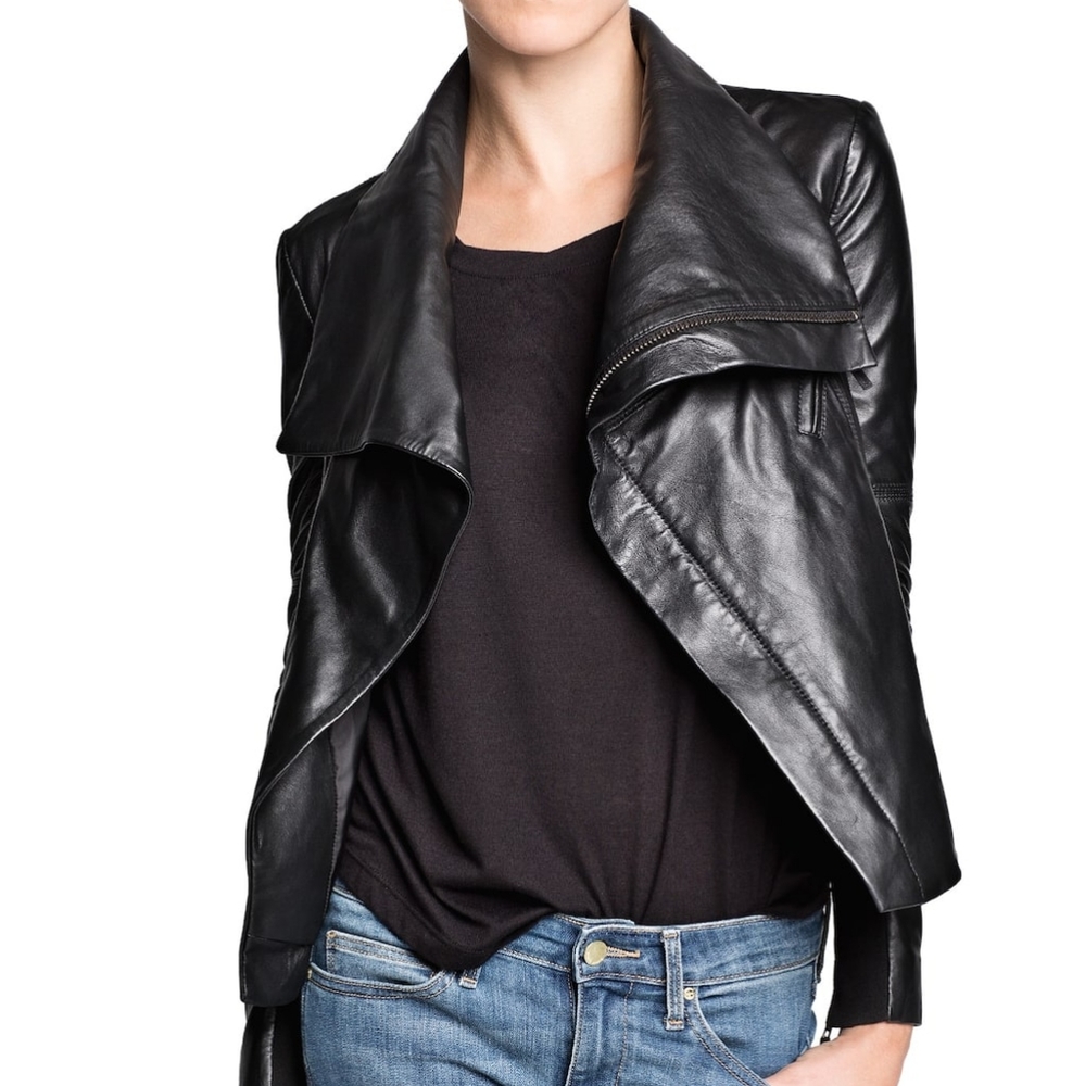 Mango Genuine Leather Drape Front Jacket Black